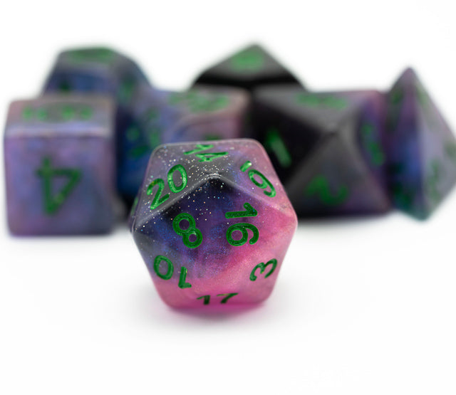 Purple & Blue w/green Galaxy Glitter 7-Dice Set RPG (Online Only)