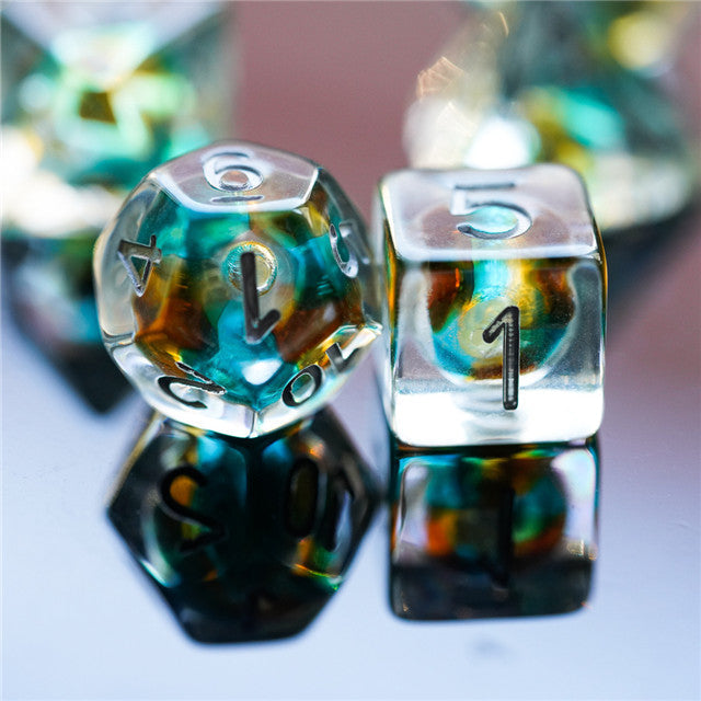 Teal & Orange Colorful Glass Bead Dice 7-Dice Set Resin (Online Only)