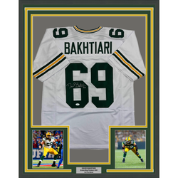 Framed Autographed/Signed David Bakhtiari 35x39 Green Bay White Football Jersey JSA COA