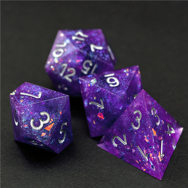 Purple Glitter Sharp Edge DND Dice Set | Gold Flake w/Silver Numbers (Online Only)
