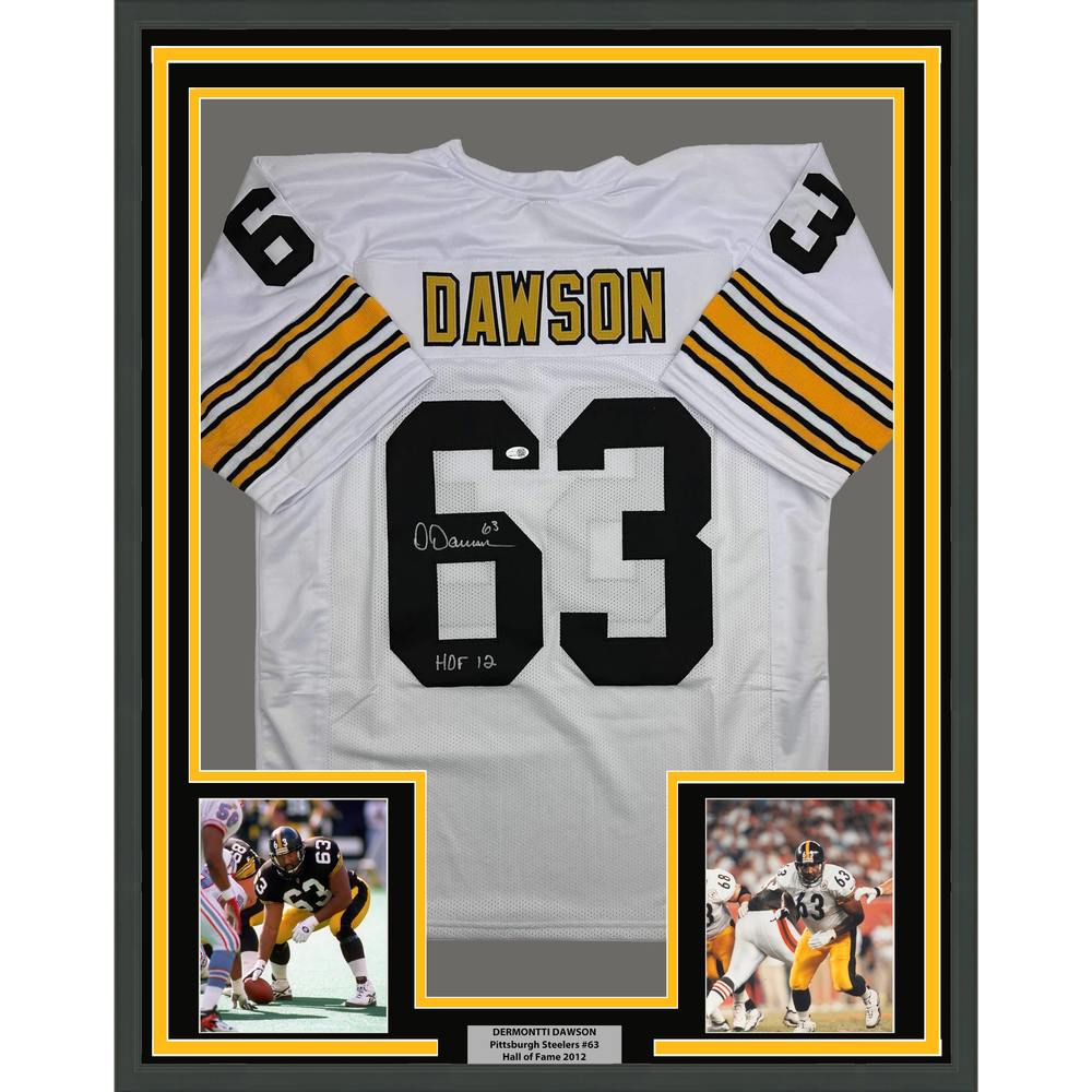 Framed Autographed/Signed Dermontti Dawson 35x39 HOF 12 Pittsburgh White Football Jersey JSA COA