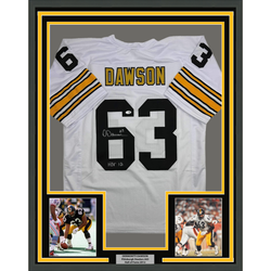 Framed Autographed/Signed Dermontti Dawson 35x39 HOF 12 Pittsburgh White Football Jersey JSA COA