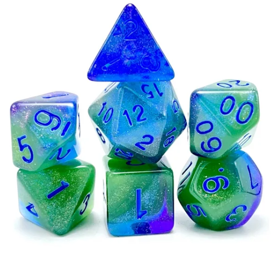 Glowing Sea 7-Dice Set Green/Blue w/Blue Glow-in-Dark Dnd Dice (Online Only)