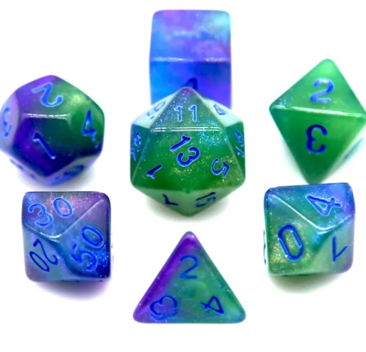 Glowing Sea 7-Dice Set Green/Blue w/Blue Glow-in-Dark Dnd Dice (Online Only)