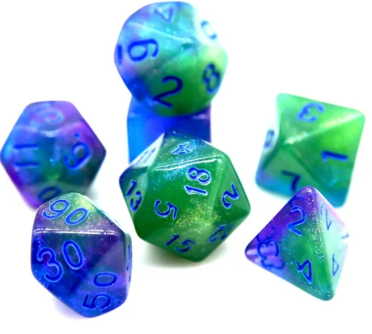 Glowing Sea 7-Dice Set Green/Blue w/Blue Glow-in-Dark Dnd Dice (Online Only)