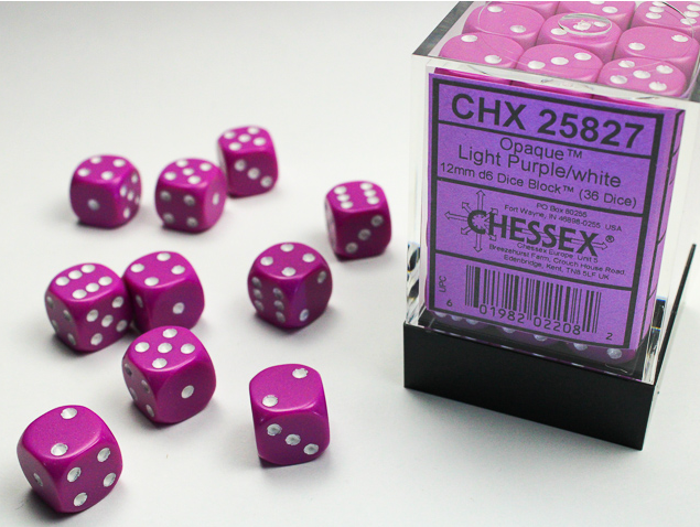Opaque 12mm d6 Light Purple/white Dice Block™ (36 dice) OOP (Online Only)
