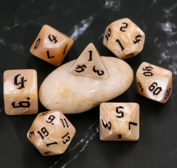 Beige Pearl 7-Dice Set Cream Marble w/Black Dnd Dice Acrylic (Online Only)
