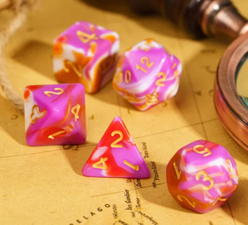 Pink/Red/White\Orange  Blend Dice 7-Dice Set w/Gold Dnd Dice Acrylic (Online Only)