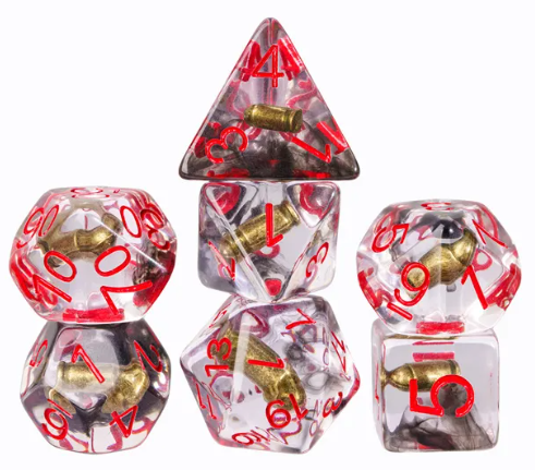 Bullet Swirl Dice Set - 7-Piece Clear & Gold Gunslinger Set with Red Numbers for DnD 5E (Online Only)