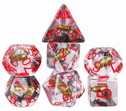 Bullet Swirl Dice Set - 7-Piece Clear & Gold Gunslinger Set with Red Numbers for DnD 5E (Online Only)