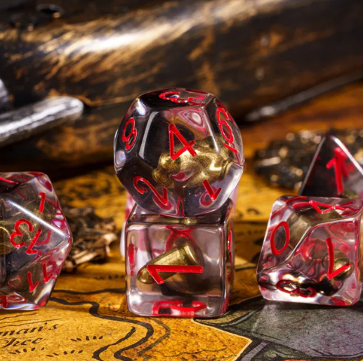 Bullet Swirl Dice Set - 7-Piece Clear & Gold Gunslinger Set with Red Numbers for DnD 5E (Online Only)