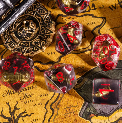 Bullet Swirl Dice Set - 7-Piece Clear & Gold Gunslinger Set with Red Numbers for DnD 5E (Online Only)