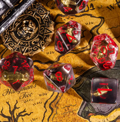 Bullet Swirl Dice Set - 7-Piece Clear & Gold Gunslinger Set with Red Numbers for DnD 5E (Online Only)
