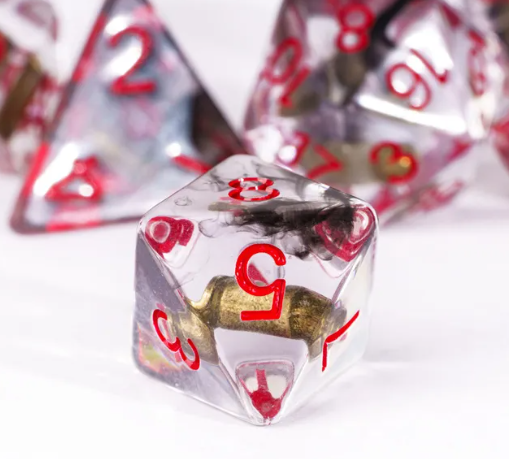Bullet Swirl Dice Set - 7-Piece Clear & Gold Gunslinger Set with Red Numbers for DnD 5E (Online Only)