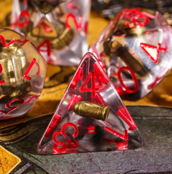 Bullet Swirl Dice Set - 7-Piece Clear & Gold Gunslinger Set with Red Numbers for DnD 5E (Online Only)