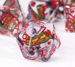Bullet Swirl Dice Set - 7-Piece Clear & Gold Gunslinger Set with Red Numbers for DnD 5E (Online Only)