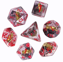 Bullet Swirl Dice Set - 7-Piece Clear & Gold Gunslinger Set with Red Numbers for DnD 5E (Online Only)