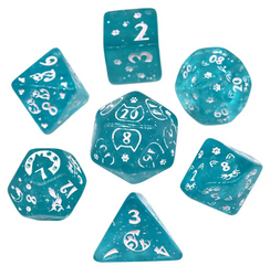 Imperfect - Cat's Meow Blue 7-Dice Set with Silver Glitter - Cat-Themed - Discounted (Online Only)
