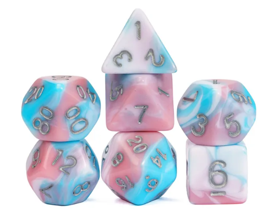 Satyr's Pain 7-Dice Set Blended Blue/Pink/White w/Silver Numbers Dnd Dice (Online Only)