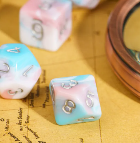Satyr's Pain 7-Dice Set Blended Blue/Pink/White w/Silver Numbers Dnd Dice (Online Only)