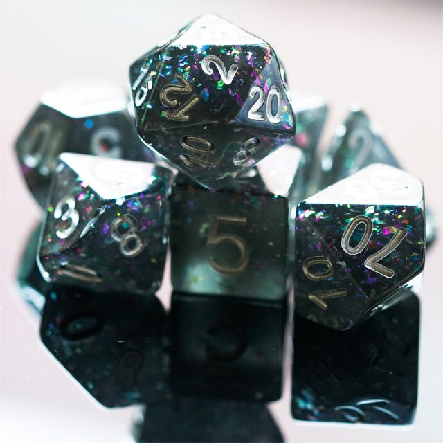 Black Cloud Brocade Powder 7-Dice Dnd Dice | Glitter w/Silver Numbers Set (Online Only)