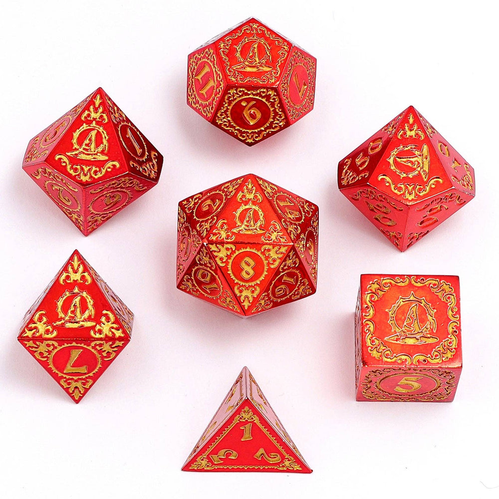 Wizard Solid Metal Polyhedral Dice Set - Red with Gold