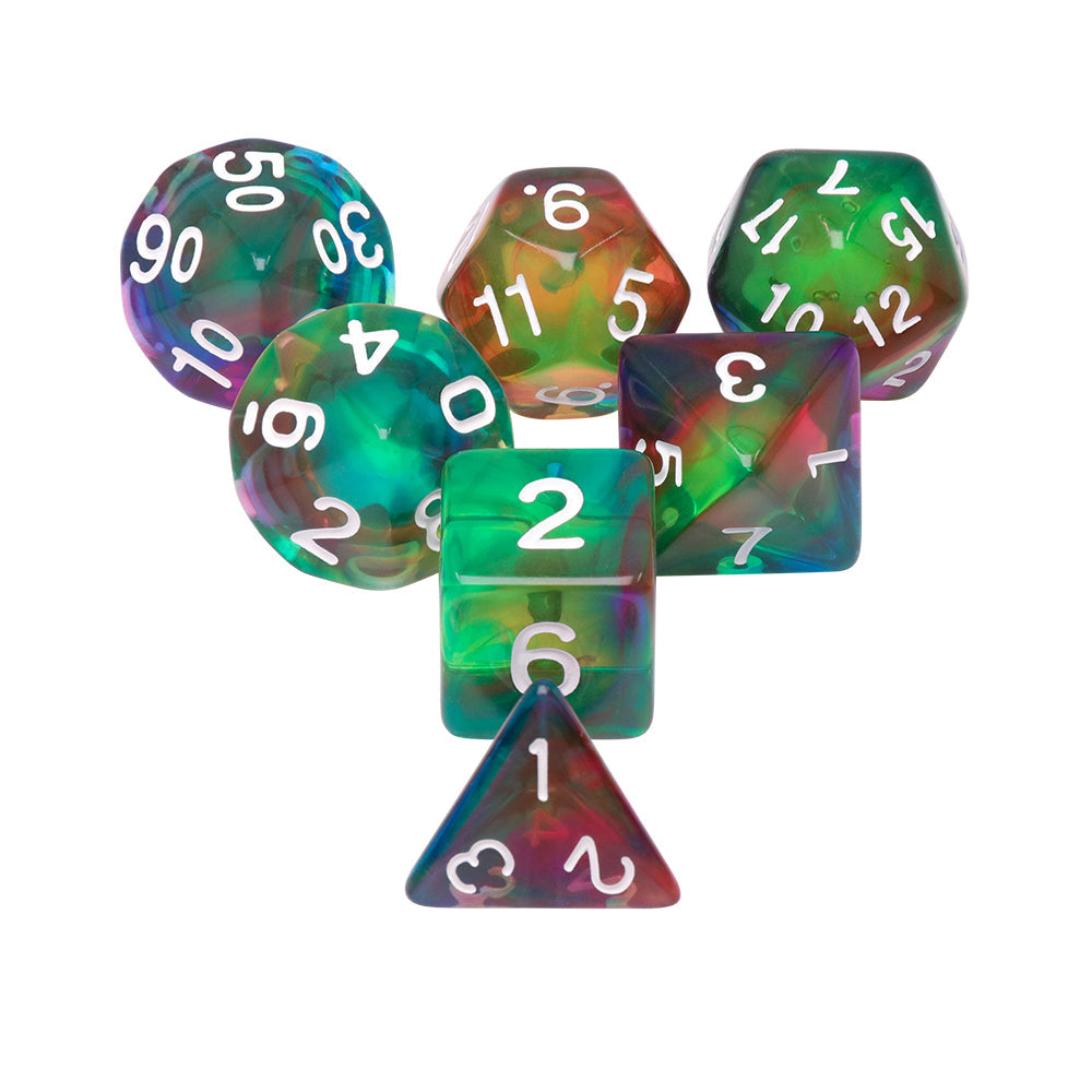Colorful Wind 7-Dice Set Green/Mix w/White Numbers Stained Glass Dnd Dice Set (Online Only)