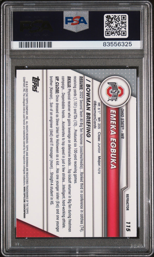 Graded 2023 Topps Bowman U Chrome Emeka Egbuka #115 Refractor Rookie RC Football Card PSA 10 Gem Mint (ONLINE ORDER ONLY)