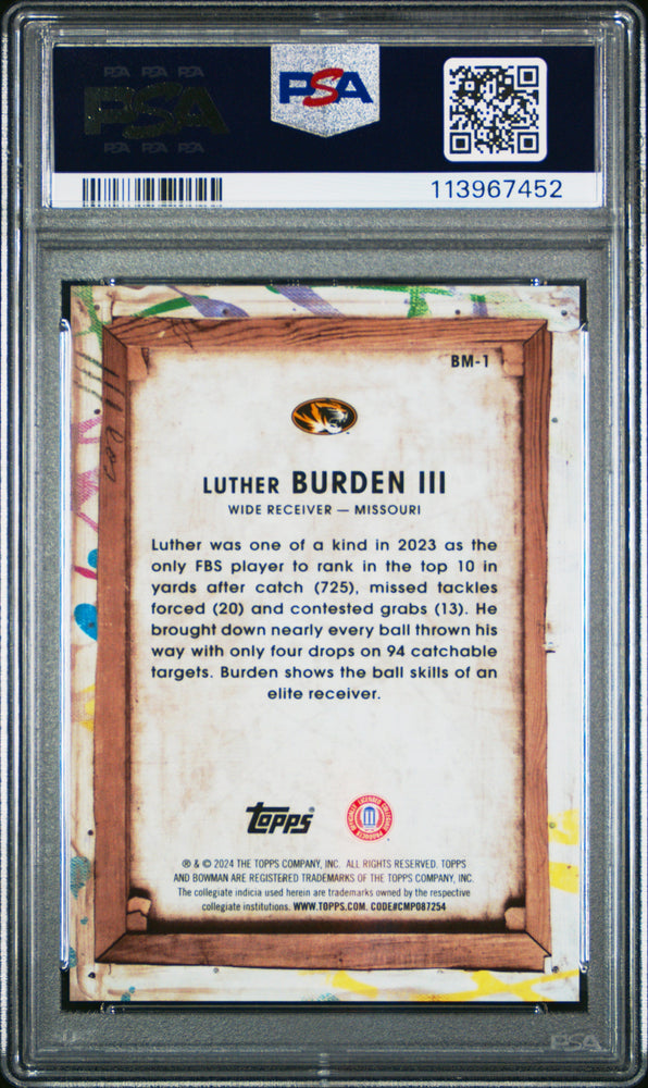 Graded 2024 Topps Bowman Best University Luther Burden III #BM1 Bowman Masterpieces Rookie RC Football Card PSA 10 Gem Mint (ONLINE ORDER ONLY)