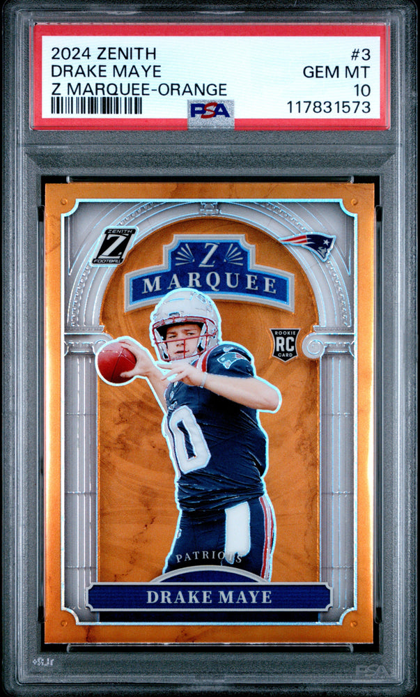 Graded 2024 Panini Zenith Drake Maye #3 Z Marquee Orange Rookie RC Football Card PSA 10 Gem Mint (ONLINE ORDER ONLY)