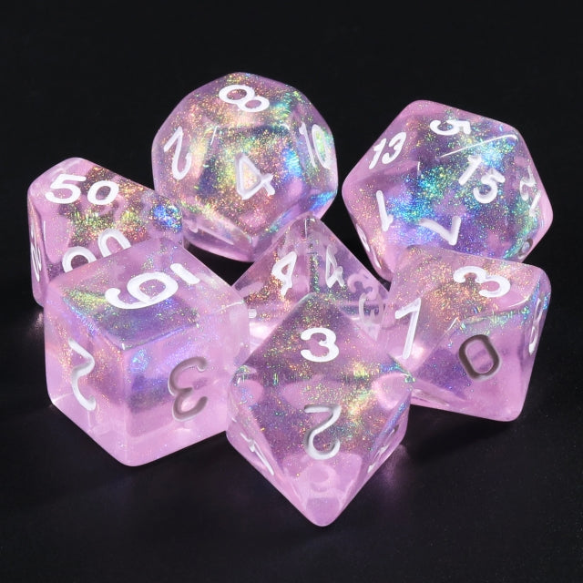 Candy Luxury (formerly Barbie Pink) Glitter with White Numbering 7-Dice Set RPG (Online Only)