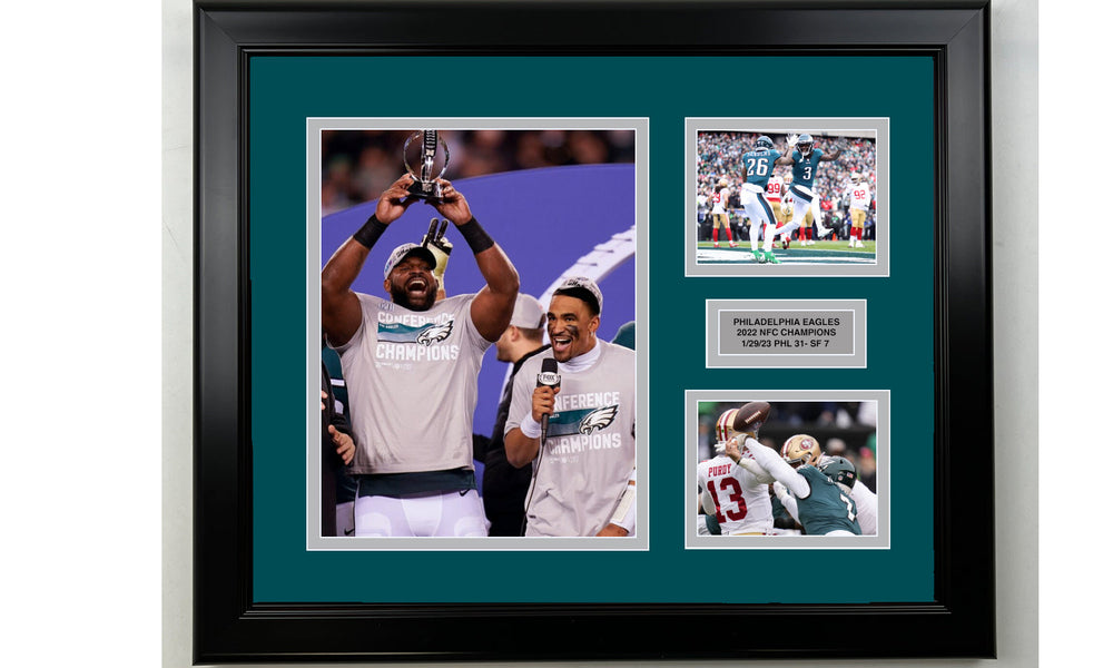 Framed Philadelphia Eagles 2022 NFC Champions Facsimile Laser Engraved Signature Football 14x11 3 Photo Collage (ONLINE ORDER ONLY)