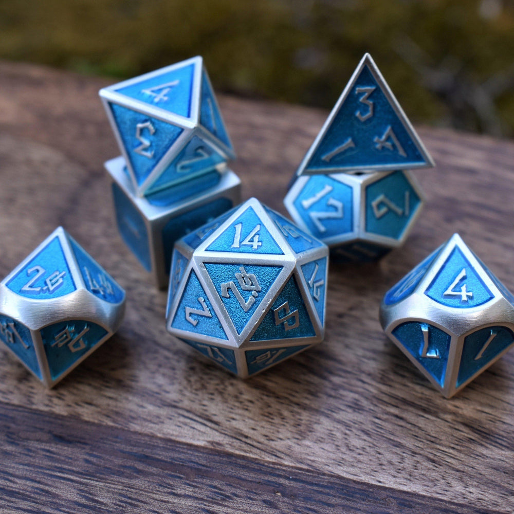 Elder Runes Electric Blue And Matte Silver Metal Dice Set (ONLINE ORDER ONLY)