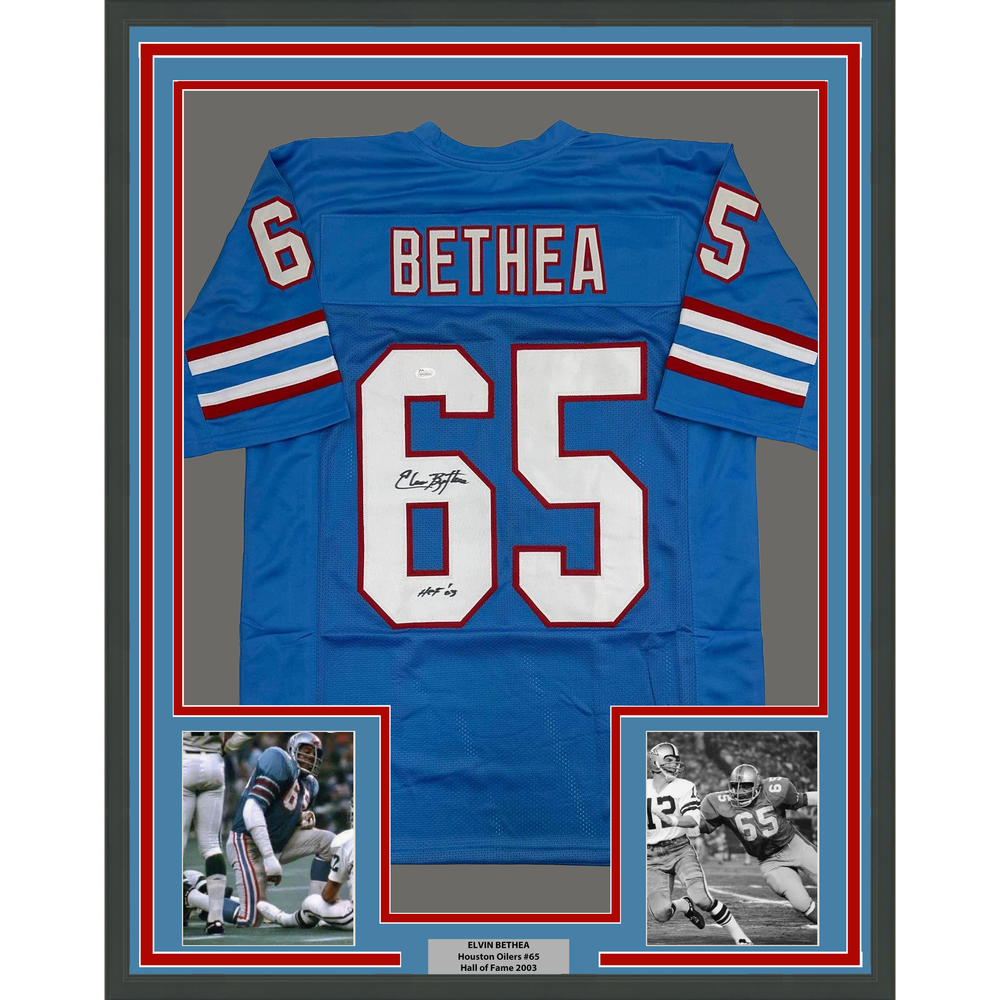 Framed Autographed/Signed Elvin Bethea 35x39 HOF 03 Tennessee Retro Light Blue Football Jersey JSA COA