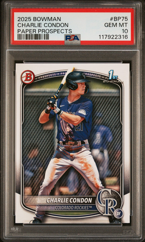 Graded 2025 Topps Bowman Charlie Condon #BP75 Paper Prospects Rookie RC Baseball Card PSA 10 Gem Mint (ONLINE ORDER ONLY)