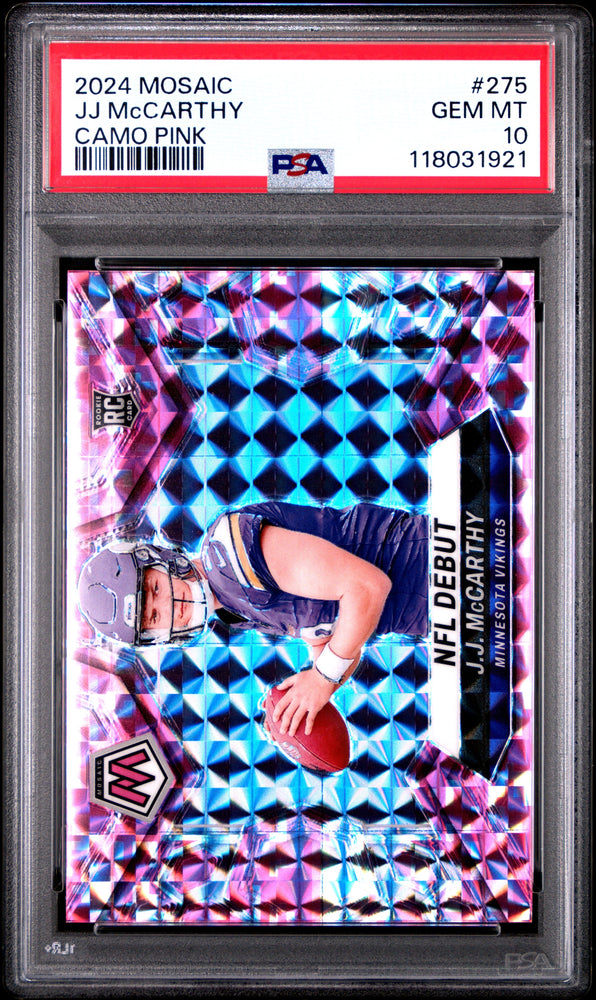 Graded 2024 Panini Mosaic JJ McCarthy #275 Camo Pink Rookie RC Football Card PSA 10 Gem Mint