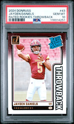 Graded 2024 Panini Donruss Jayden Daniels #43 Rated Rookies Throwback Rookie RC Football Card PSA 10 Gem Mint (ONLINE ORDER ONLY)