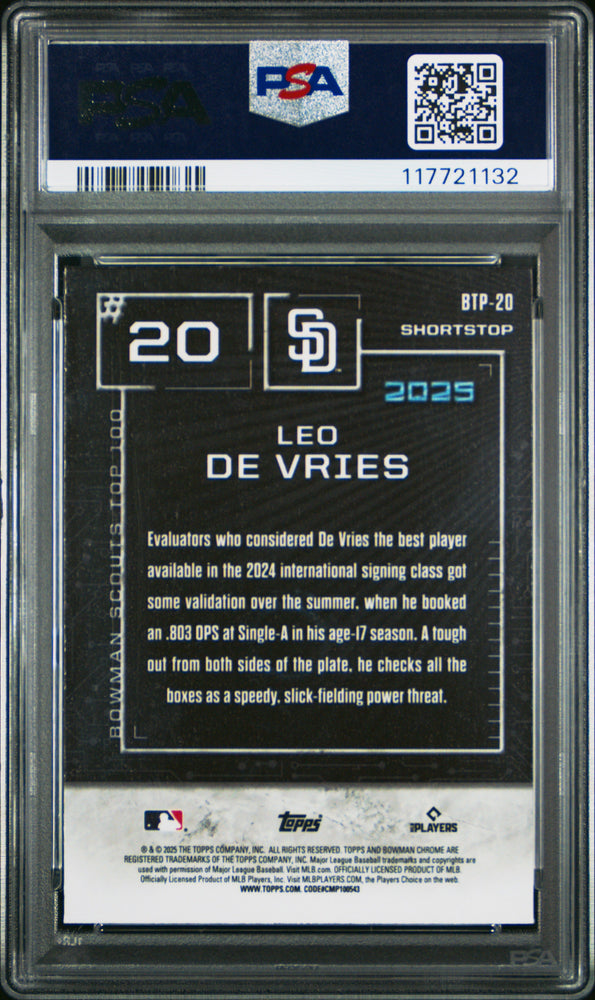 Graded 2025 Topps Bowman Leo De Vries #BTP20 Scouts Top 100 Rookie RC Baseball Card PSA 10 Gem Mint (ONLINE ORDER ONLY)
