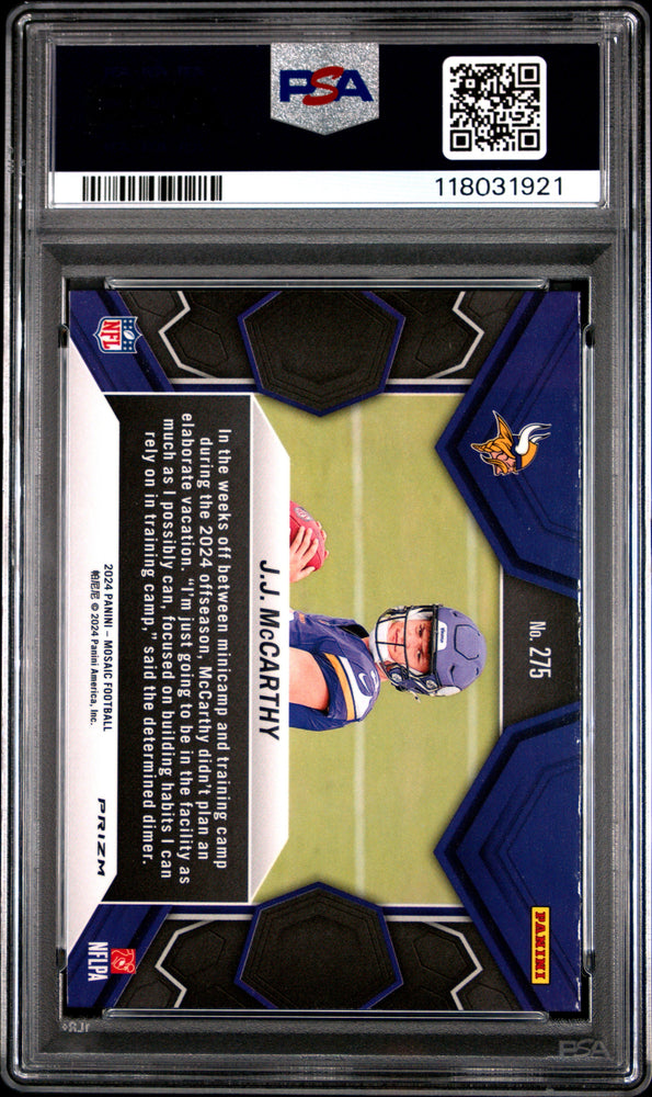 Graded 2024 Panini Mosaic JJ McCarthy #275 Camo Pink Rookie RC Football Card PSA 10 Gem Mint