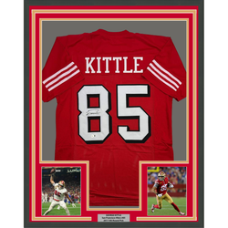 Framed Autographed/Signed George Kittle 35x39 San Francisco Red Alternate Football Jersey Beckett BAS COA