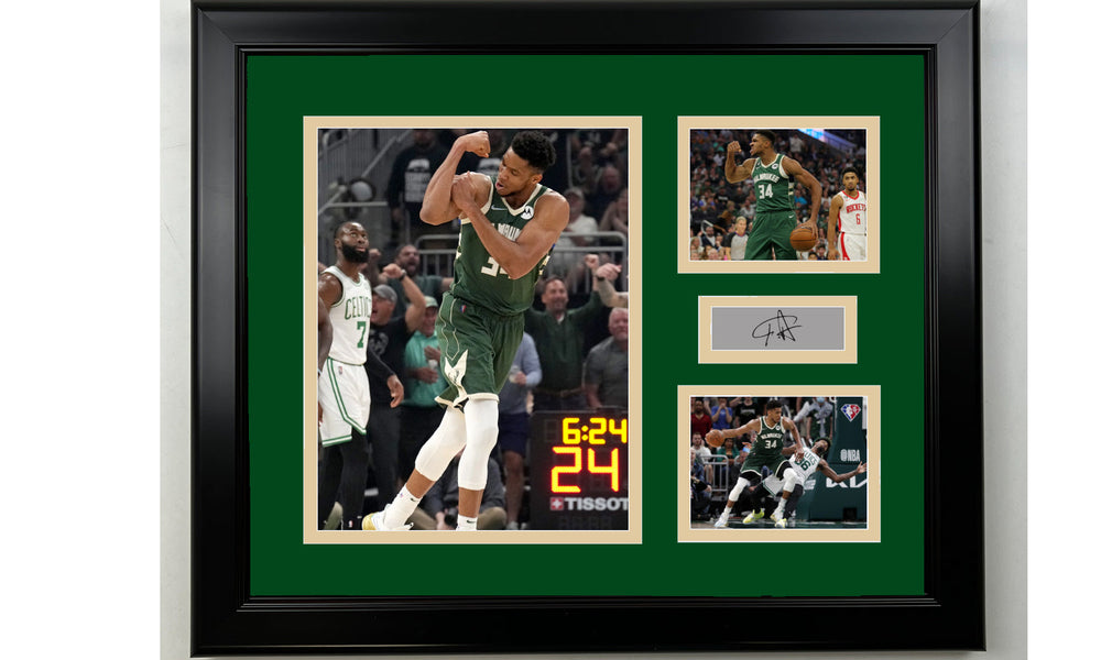 Framed Giannis Antetokounmpo Milwaukee Bucks Facsimile Laser Engraved Signature Basketball 14x11 3 Photo Collage (ONLINE ORDER ONLY)