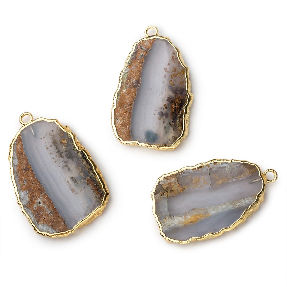 Gold Leafed Blue Chalcedony & Matrix plain slice Pendant 1 focal bead 27x18mm (ONLINE ORDER ONLY)