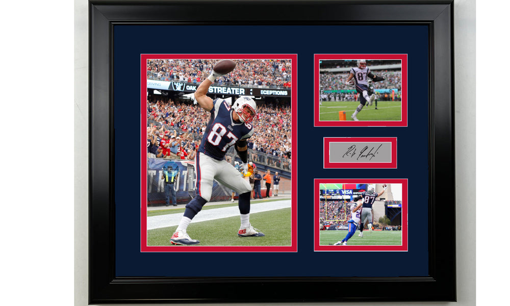 Framed Rob Gronkowski New England Patriots Facsimile Laser Engraved Signature Football 14x11 3 Photo Collage (ONLINE ORDER ONLY)