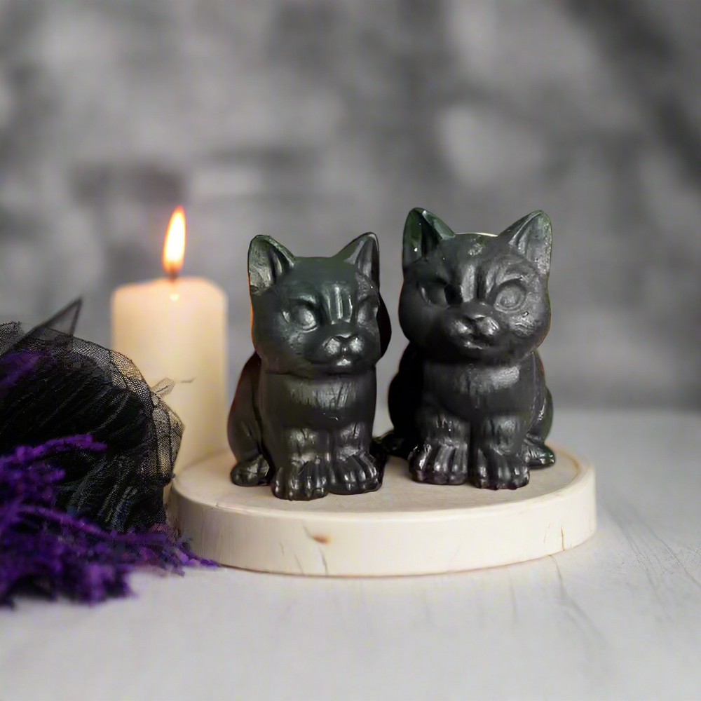 Grumpy Black Obsidian Cats, Mini Black Cat, Black Crystal Cat, Witchy Halloween Decor (ONLINE ORDER ONLY)