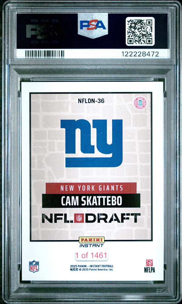 Graded 2025 Panini Instant Cam Skattebo #NFLDN36 NFL Draft Night Rookie RC Football Card PSA 8 Near Mint (ONLINE ORDER ONLY)