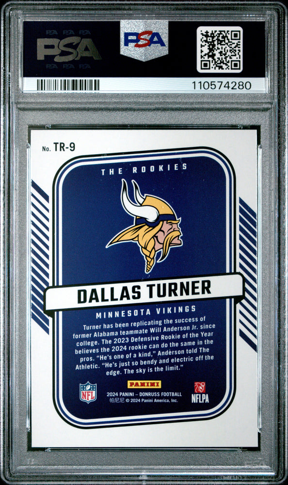 Graded 2024 Panini Donruss Dallas Turner #TR9 The Rookies Rookie RC Football Card PSA 10 Gem Mint (ONLINE ORDER ONLY)