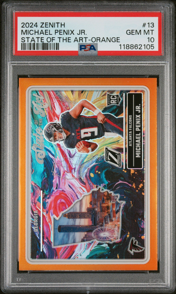 Graded 2024 Panini Zenith Michael Penix Jr #13 State of the Art Orange Rookie RC Football Card PSA 10 Gem Mint (ONLINE ORDER ONLY)
