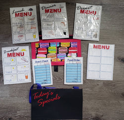 Waitress play set - Restaurant toys - Restaurant play set - pretend restaurant - pretend menus - pretend play - play kitchen- pocket apron (ONLINE ORDER ONLY)