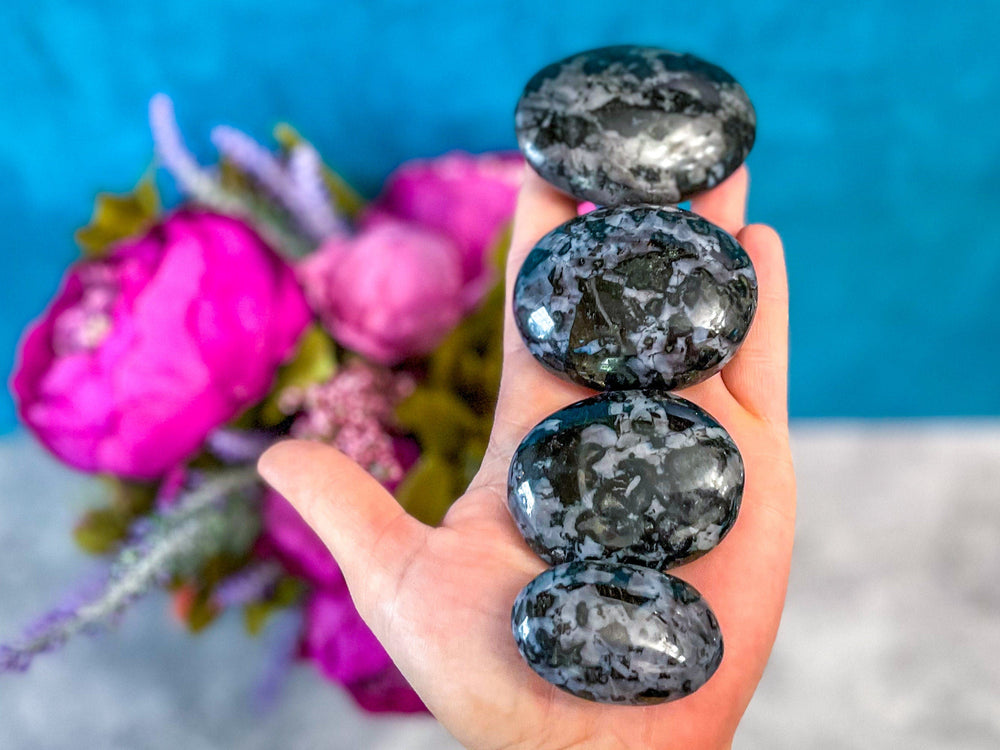 INDIGO GABBRO Palm Stones, MYSTIC MERLINITE (ONLINE ORDER ONLY)