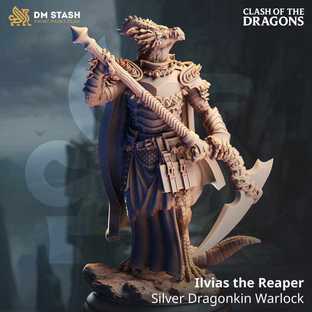 Ilvias the Reaper, Silver Dragonkin Warlock (Male Dragonborn Warlock) (Online Order Only)